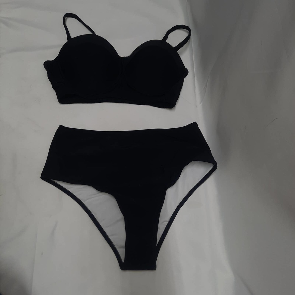 2PCS Swimsuit Black Push Up Padded Top and High-Rise Panty Bikini Set Med.